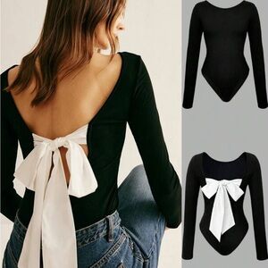 Elegant Black and White Bow Back Top